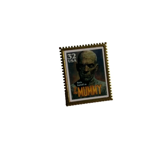 The Mummy Boris Karloff Classic Movie Monsters Vintage Postage Stamp Pin - Picture 4 of 5